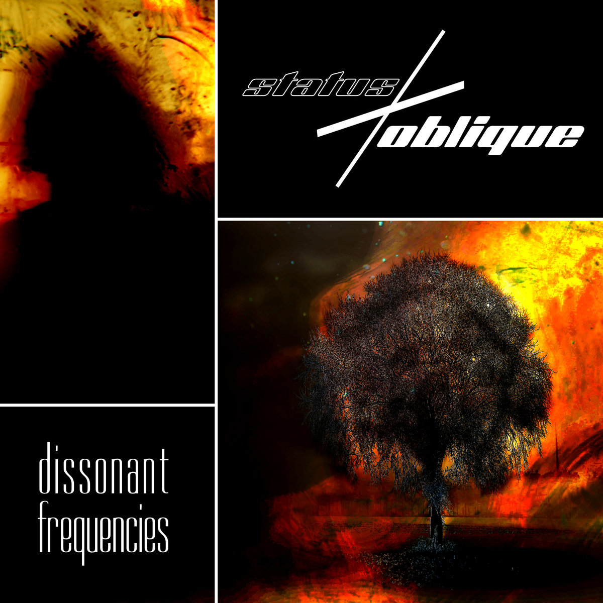 Dissonant Frequencies cover by Status Oblique: a dark silhouette and a tree against fiery orange textures, divided by white lines and album lettering.