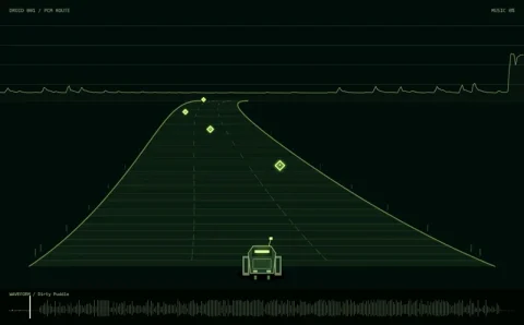 A small green car follows a wireframe road towards diamond-shaped signal pickups, with audio waveforms above and below, in The Point game.