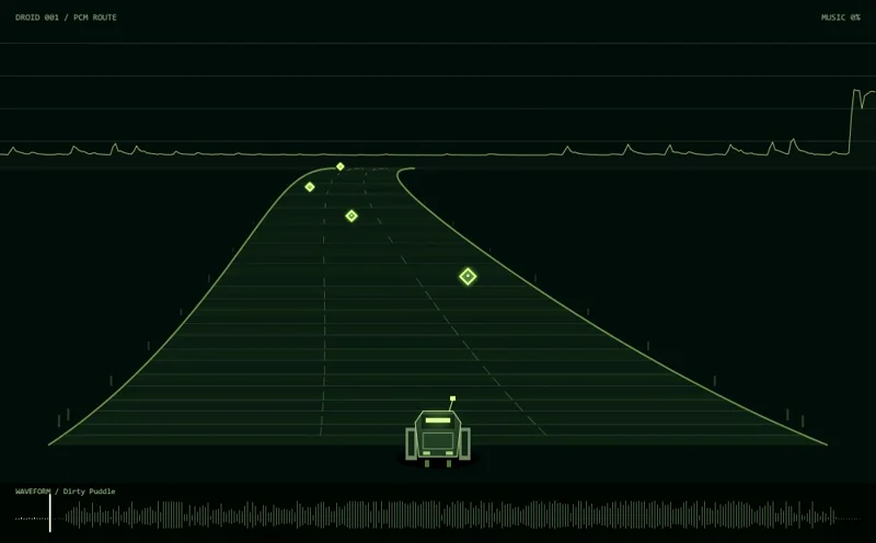 A small green car follows a wireframe road towards diamond-shaped signal pickups, with audio waveforms above and below, in The Point game.