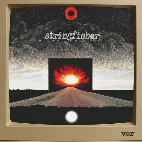 A road leads towards an orange glow on a smaller screen inside a beige CRT television, with a red ring above the Stringfisher name.