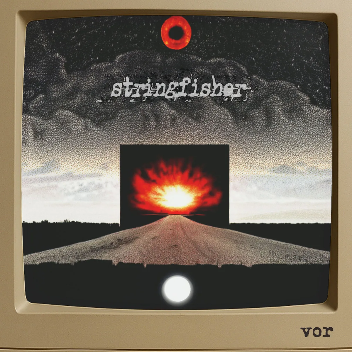 A road leads towards an orange glow on a smaller screen inside a beige CRT television, with a red ring above the Stringfisher name.